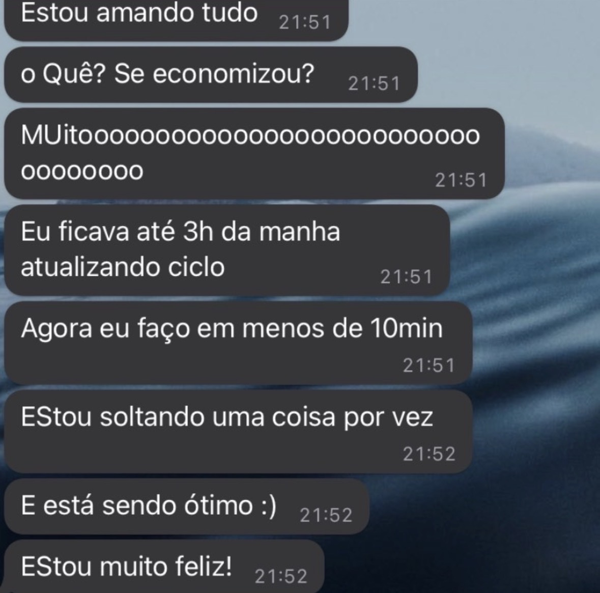 Mensagem de cliente sobre economia de tempo