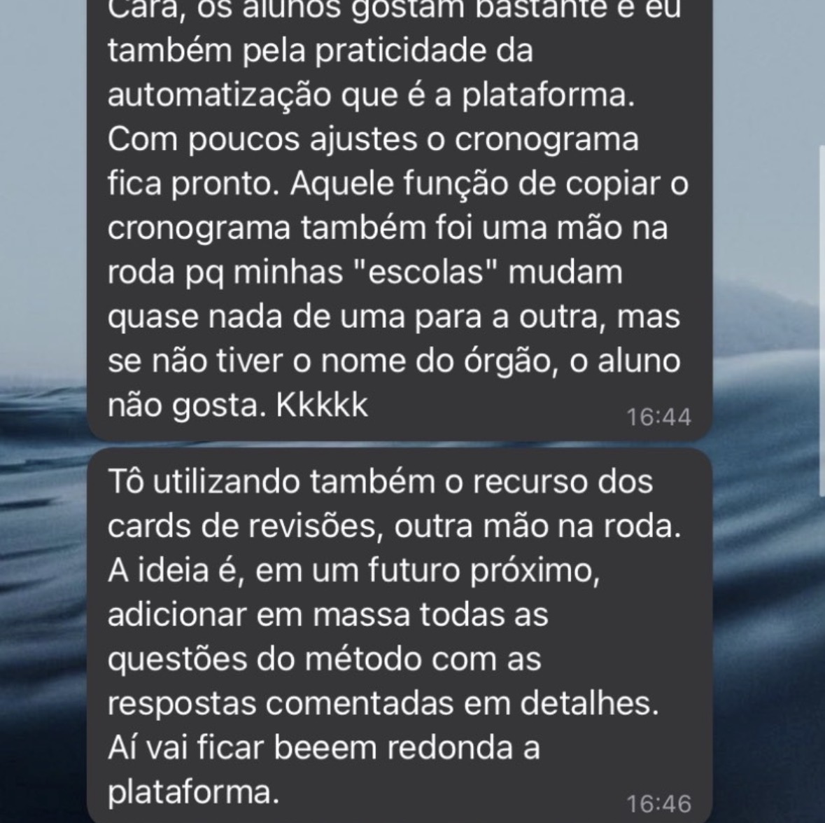 Mensagem sobre automação e cronograma
