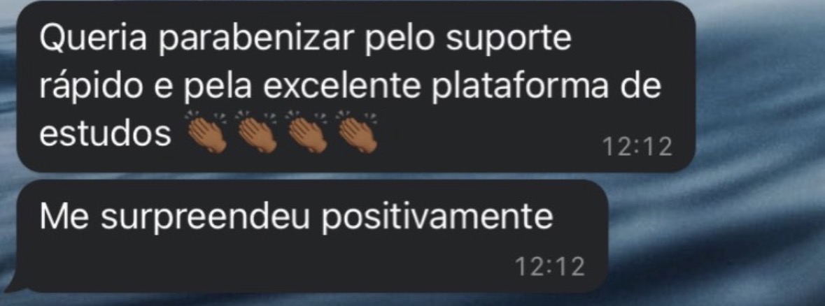 Mensagem sobre suporte rápido e plataforma de estudos